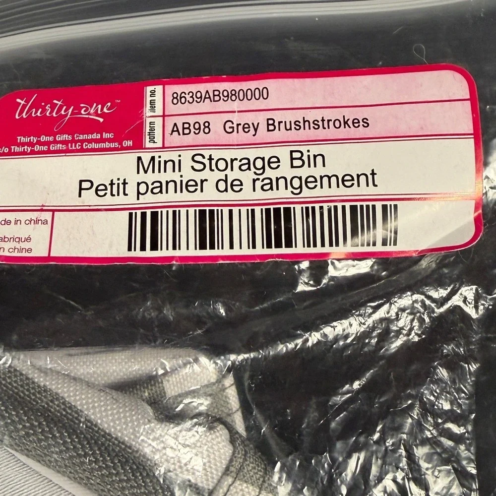 Thirty-One Mini Storage Bin Grey‎ White Brushstroke Stripe Organizer Office Bag